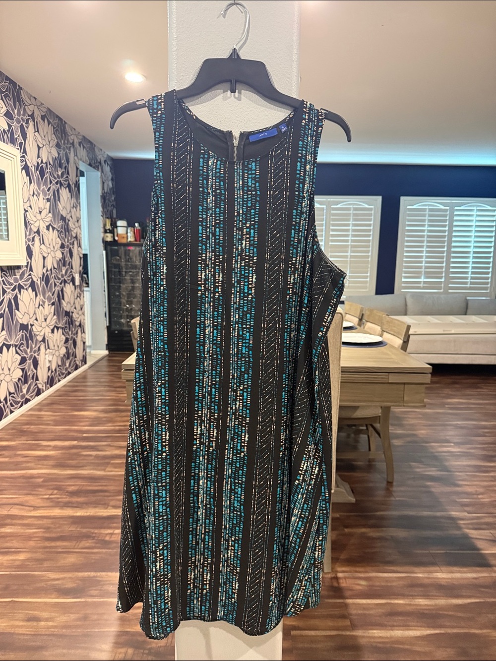 Apt. 9 Black Dress with Teal & White Vertical Print